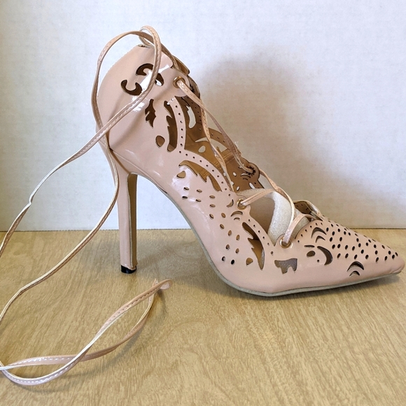 Nude Patent Laser Cut Lace Up Ankle Wrap Heels 8 - Picture 2 of 13